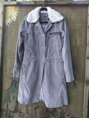 Upcycled Women's Gray Corduroy Volcom Trench Coat with Removable Faux Fur Collar